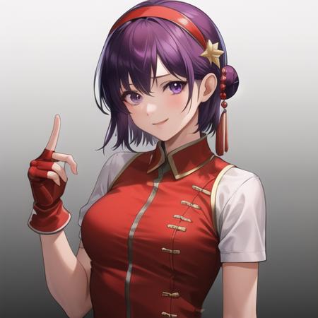 (masterpiece, best quality:1.2),illustration,8k,hd,1girl,solo,upper body,(portrait:1.2),fingerless gloves,short hair,purple hair,purple eyes,smile,hairband,breasts,dress,medium breasts,star hair ornament,chinese clothes,short sleeves,hair ornament,china dress,hair bun,red gloves,red hairband,blue short shorts,boots,<lora:Asamiya Athena-00:0.7>,