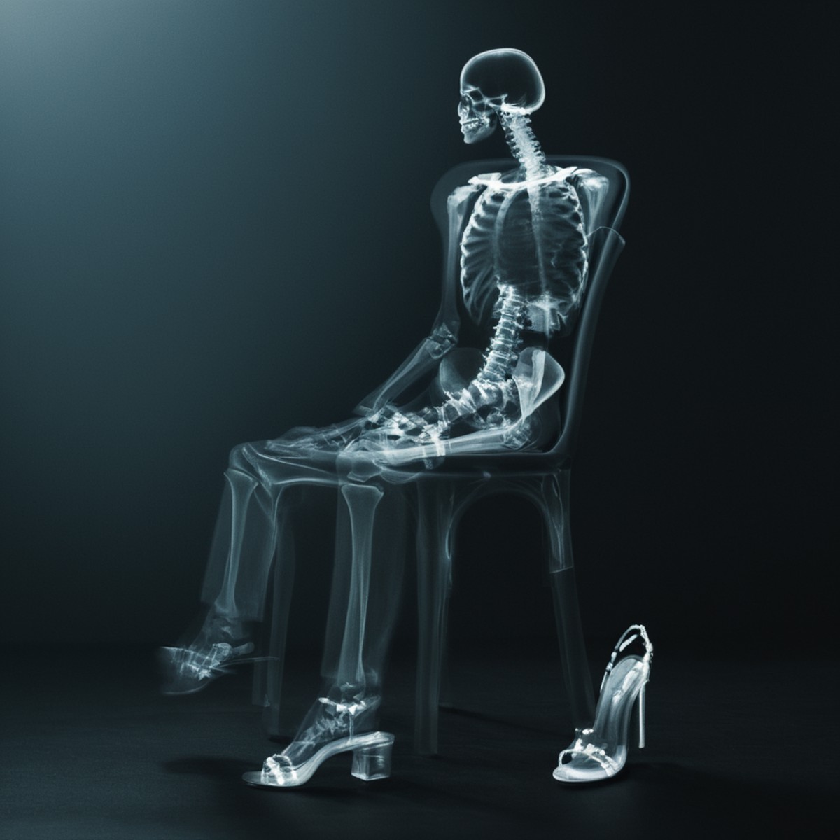cinematic film still of  <lora:x-ray style:1> X-ray of
a skeleton sitting on a chair with a pair of shoes,x-ray style, sha...