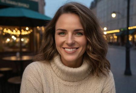 *A meticulously detailed, hyper-realistic portrait of Olivia, 35 years old, slender oval face,with softly contoured features, straight narrow nose with a gentle slopewith sun-kissed skin, bright green eyes, and a radiant smile. Her wavy, very short-length light brown hair is casually tousled,. Extremely natural skin texture, subtle wrinkles, subtle laugh lines. Her skin is natural, with subtle imperfections that enhance realism and a warm, genuine smile that reveals slightly perfect teeth.*     
The background is a cozy urban café with warm string lights and a blurred cityscape at dusk. Shot with a Hasselblad H6D-100c medium-format camera, using a tight crop and shallow depth of field (f/2.8) to emphasize the fine details of her beige woolen sweater and natural skin texture. The lighting is warm and diffused, casting a golden glow reminiscent of a Thomas Kinkade painting.*