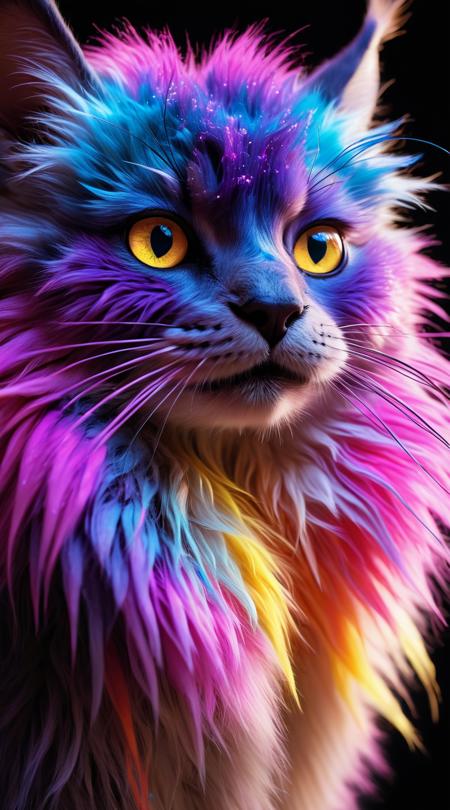 extreme close-up of a mythical furry creature, fur dancing with shifting neon colors, glowing whiskers, eyes sparkling like star clusters.