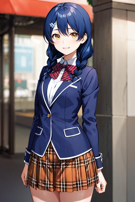 1girl, solo, long hair, blue hair, twin braids, hair ornament, yellow eyes, hair over shoulder, school uniform, red bowtie, blazer, (blue jacket:1.2), plaid skirt, brown skirt 1girl, solo, long hair, blue hair, twin braids, hair ornament, yellow eyes, hair over shoulder, chef, white shirt, buttons, white pants