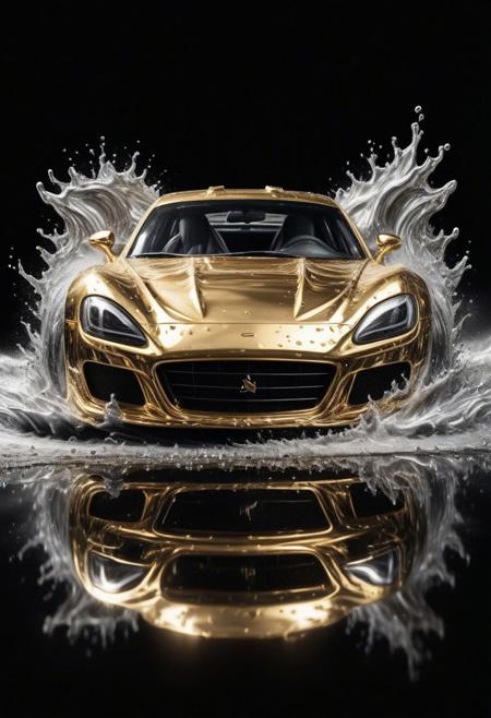 GOLD LIQUID METAL sports car, race car, racing through SILVER LIQUID METAL, liquid metal sprays up from the cars tyres, Car drifting in a black void