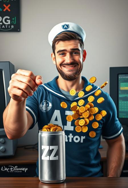 man similar to popeye the sailor with a t-shirt that says "AI Creator" in front of a computer crushing with his hand a can that says "BUZZ" from which many golden coins come out towards the computer