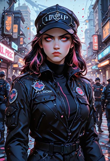 cyberpunk, pinkretroanime, gOth1cPXL, neon cityscape, science fiction, high-tech future, cybernetics:1.25, lineless:1.5, smooth edges, dramatic cinematic lighting)
(Dynamic female character in superhero pose, serious expression, black baseball cap with "LAPD," tactical dark jacket over light top with visible police logo patch, tactical combat suit aesthetic)
(Armed with guns, surrounded by fellow gunners, reviewing intel mid-action, portraying urgency, leadership, and strategic focus, implied police or anti-crime task force)
(Monochrome tactical gear contrasts vibrant neon-lit cyberpunk city background, left-lit soft shadows, detailed highlights and deep form contrast, intense urban atmosphere)
(Comic book style, bold vivid colors, clean linework, chaotic paper/confetti-inspired abstract background for depth without distraction)