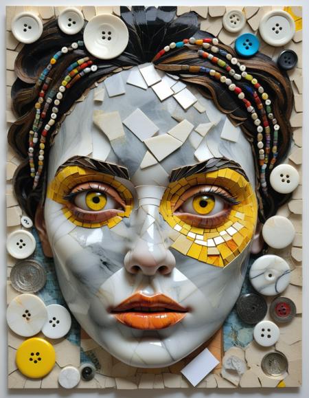 ( marble:1.3), photograph, mixed media art, collage, face, portrait, woman, yellow eyes, white background, colorful, diverse textures, paper, cardboard, photographs, postcards, magazine cutouts, buttons, beads, felt, fabric, objects, 3D effect, realistic, contemporary art, abstract, intricate details, creative, eclectic, collage art, art installation, mixed media, modern art, visual art, face mosaic, close-up, headshot, facial expression, neutral expression, mixed media portrait, diverse materials, artistic, craft, handmade, mixed media art, art, collage, collage art, face art, mixed media portrait, diverse materials, mixed media art, art installation, contemporary art, visual art, face mosaic, realistic, intricate details, creative, eclectic, mixed media, modern art, diverse materials, mixed media art, art installation, contemporary art, visual art, face mosaic, realistic, intricate details, creative, eclectic, mixed media, modern art, diverse materials, mixed media art, art installation, contemporary art, visual art, face mosaic, realistic, intricate details, creative, eclectic, mixed media, modern art, diverse materials, mixed media art, art installation, contemporary art, visual art, face mosaic, realistic, intricate details, creative, eclectic, mixed media, modern art, diverse materials, mixed media art, art installation, contemporary art, visual art, face mosaic, realistic, intricate details, creative, eclectic, mixed media, modern art, diverse
 <lora:GeekyXL_Liquid_Marble:1>