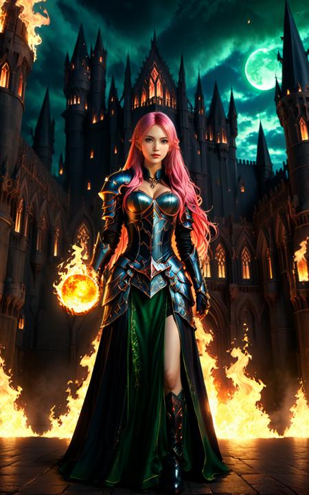 A pitch-black night,yuukananri,1girl with long pink hair,green eyes,a female mage in an armored skirt,standing before a massive gothic castle,(her hands glowing with bright flames),surrounded by floating fireballs,gothic architecture,dark fantasy atmosphere,glowing firelight illuminating the surroundings,intense shadows,powerful stance,dramatic lighting,highly detailed armor,fiery magic,dark clouds looming in the sky,intricate castle details,night sky full of stars,mysterious and ominous mood,fire reflecting off the armor,glowing eyes,cinematic composition,(masterpiece:2),best quality,ultra highres,original,extremely detailed,perfect lighting,
Cinematic Lighting,<lora:detailed_notrigger:1>,<lora:xl_more_art-full_v1:0.8>,<lora:MJ52_v2.0:0.5>,<lora:yuukananri-base-01-XL:0.6>,