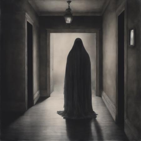 johnmortensen drawing of A ghost figure standing on a hallway, photograph, dark cold color palette, muted colors, detailed, 8k