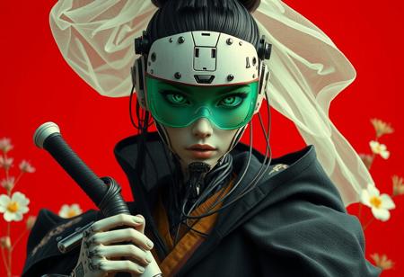 Create an extrahart, brave perspective, mystical, and high-resolution image of an female humanoid robot Samurai wearing a headgear with intricate mechanical translucent jade screen covering the eyes, Made from Sci-fi components, with outworn translucent black linen cape. The character should be depicted in a manga cover style with wealthy portraiture and poster art elements. The image should feature rich colors and high contrast, focusing on the best quality, official art, and a beautiful and aesthetic appearance. wired-cyborg, upper body shot, a man with hairbun, half the face is made of wires and cables and translucent hoses. Use a movie perspective and an advertising style, similar to a magazine cover. The cyborg samurai should be shown solo, wearing flamboyant clothes and armor, holding a sheathed katana, and standing in a cowboy shot pose. The robot should have neon green and yellow hip-hop clothes, tattoos, muscular abs, shoulder armor, and dry flowers in the background. Emphasize a samurai theme with a red background and floral elements.