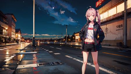 masterpiece, best quality, smile, open mouth, upper teeth, blush, hands on hips,
1girl, side ponytail, jacket, short shorts, navel, solo, long hair, full body,
street, sky, (starry sky:1.2), night,