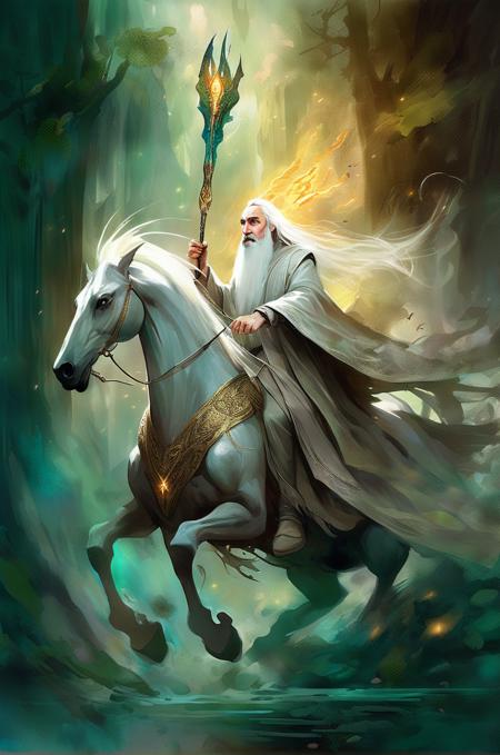 Painterly, (Saruman Riding a Mythical Creature:1.3), Confronting a Supernatural Enemy, Elaborate and Mystical Attire, Ethereal and Magical Lighting, Floating and Dynamic Pose, Expressive and Mysterious Expression, Bold Contrast, Whimsical Composition, Muted and Moody Color Palette, Deep Depth of Field, Brushstrokes Textures, Magical Effects in Place of Weapons, Fantasy Landscape Environment