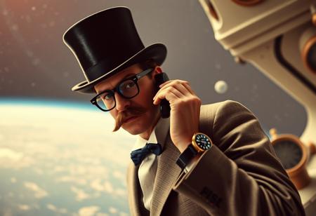 A rich person with a monocle, a moustache and a top hat, is staning on a space station. 1950s style. The person has a hologram watch, wich he is taking a phone call with. He is not wearing glasses. He wars only a moncole, wich are glasses with only one lens.