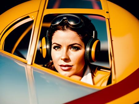 leavemealone redhead pilot woman in the cockpit of a biplane, random, professional photography, intricate detail, high quality, masterpiece  <lora:hjleavemealone_v10:0.75>