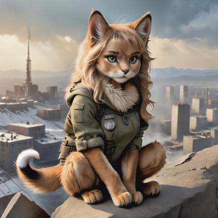 (Highest Quality, 4k, masterpiece:1.1), (realism, photorealistic:1.4), ray traced, hyper realism, soft lighting, detailed background, film grain, (detailed fur texture:1.3),
BREAK
((furry:1.5) cat girl), ((wearing post apocalyptic outfit:1.2)), inside a destroyed city after nuclear blast, sitting on a ammonition chest,looking down from a hill, holding a gun, looking angry, visible fangs (perfect anatomy),((paws)), (aurora borealis), (close up:1.3), high quality photography, 3 point lighting, flash with softbox, 4k, Canon EOS R3, hdr, smooth, sharp focus, high resolution, award winning photo, 80mm, f2.8, bokeh