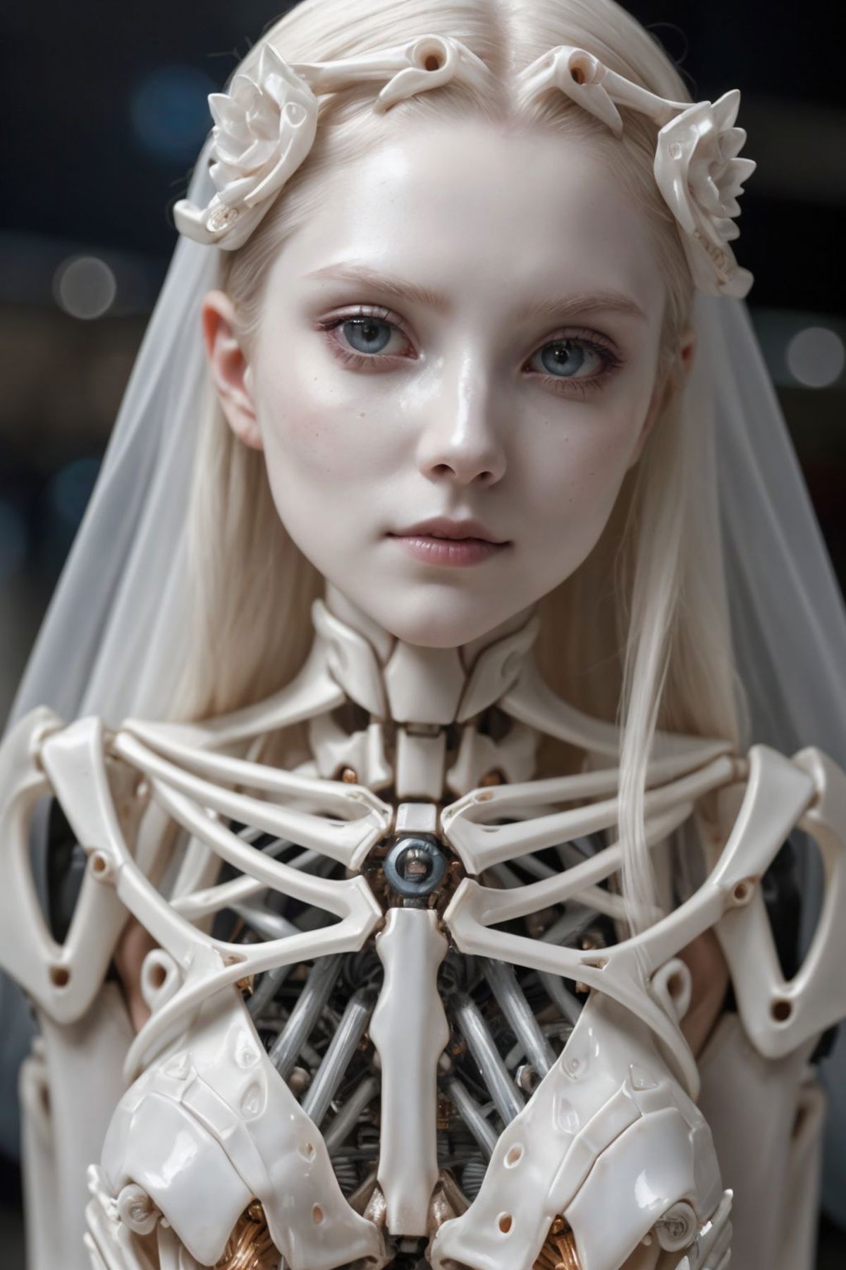 A doll with blue eyes and a white veil on its head.