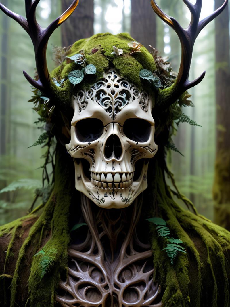 A skull decorated with moss, wearing a crown of flowers, and surrounded by trees.