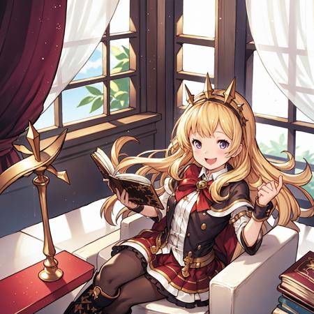 1girl,full body,(laonanren \(base\)),
crossed legs, sitting,
a huge thick open book,
dress,shirt, black legwear, boots
blonde hair,purple eyes,
open mouth,smile,
library, window, 
masterpiece, best quality, ultra-detailed, comic, illustration,
<lora:GBF_LNR128_y-000014:0.6>