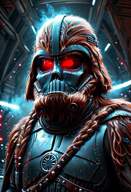Ultra-photorealistic portrait of Darth Vader reimagined with dense Wookiee hair, standing in a dark Star Wars imperial hangar. His iconic helmet is replaced by wild, long Wookiee hair—thick dark-brown strands with intricate braids, leather straps, and silver Imperial insignia beads cascading over his shoulders, partially framing his black metallic breath mask with glowing red lenses. Sleek black durasteel armor reflects a glossy finish, chest control panel emitting faint blue light, tattered cape draped dynamically over the Wookiee hair. In his right hand, a crimson-red lightsaber ignites, casting intense red glow on individual hair strands and armor highlights, smoke rising subtly from the blade. The environment features industrial Star Destroyer engines humming in the background, red emergency lights contrasting with the saber’s radiance. Hyper-detailed textures: weathered armor scratches, skin pores visible on chin and nose beneath the mask edges, bioluminescent glow on hair beads, and metallic reflections on the lightsaber hilt. Cinematic volumetric lighting emphasizes dramatic shadows, 8k resolution with ultra-sharp focus on the eyes and saber, f/1.4 depth of field blurring distant machinery. Style blends hyper-realistic Star Wars concept art with National Geographic precision, merging Wookiee wildness and Sith elegance in photorealistic detail, perfect lighting highlighting every strand and armor groove