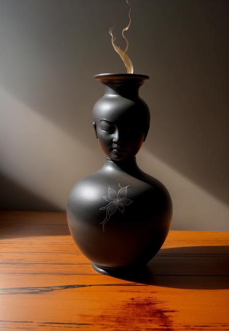 double exposure silhouette of shaolin on black clay vase, wabi-sabi, zen, high contrast, earthy tones, ink and watercolor, orange blossom, tea set, black wood, dark background<lora:NIJI V6 (Midjourney):1><lora:NIJI V6 (Midjourney):1>
