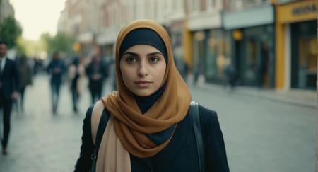 cinematic film still of  Cinematic Film stock footage in (arri alexa style) Kodak film print,  <lora:Hijab:1> Hijab young girl walking in city, shallow depth of field, vignette, highly detailed, high budget, bokeh, cinemascope, moody, epic, gorgeous, film grain, grainy