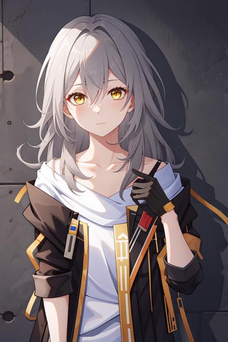 xing,yellow eyes,long hair,bangs,grey hair,jacket,shirt,white shirt,black jacket,gloves,hair between eyes,black gloves,open clothes,open jacket,collarbone,off shoulder,