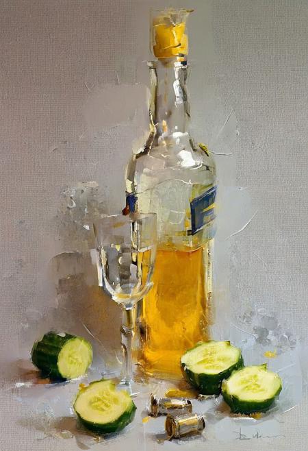 A clear glass bottle with a yellow cork sits next to a faceted glass filled with clear liquid. A fresh half of a cucumber and scattered sprats create a dynamic composition. Bright gold and silver tones stand out against a neutral background. The energetic brushwork creates a sense of movement and spontaneity. The painting conveys the essence of the combination of fresh sprats and vodka through vivid color contrasts and a smooth application of paint with rough brushstrokes.
