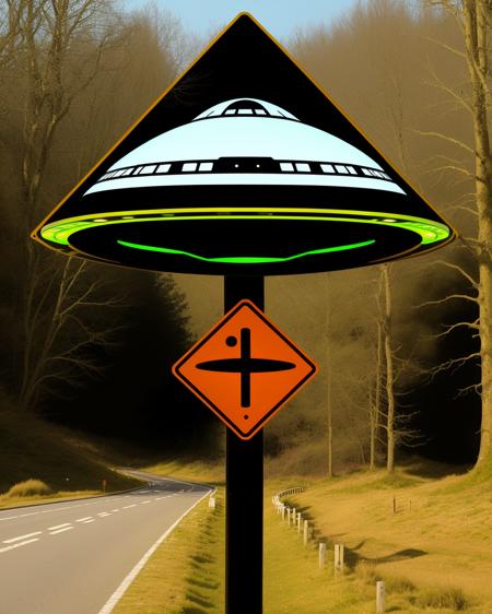 a photo of a road sign , UFO Landing Pad:1.2, an eccentric sign indicating the presence of a "UFO Landing Pad" nearby, complete with a flying saucer icon. , road_sign