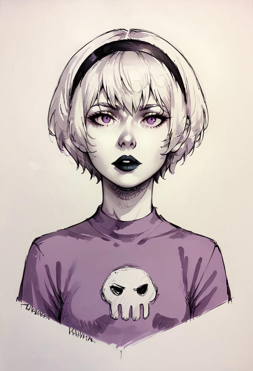 core_9, score_8_up, score_7_up, score_6_up, score_5_up, score_4_up,  1girl, white hair, black hairband, black lips, purple eyes, shirt print, <lora:Rose_Lalonde_-_outfits:0.8>, rosestart, shirt print, 1girl, solo, looking at viewer, short hair, monochrome, upper body, hairband, artist name, sketch, lips, makeup, traditional media, lipstick, portrait, skull, face focus, detailed face, BREAK source_anime