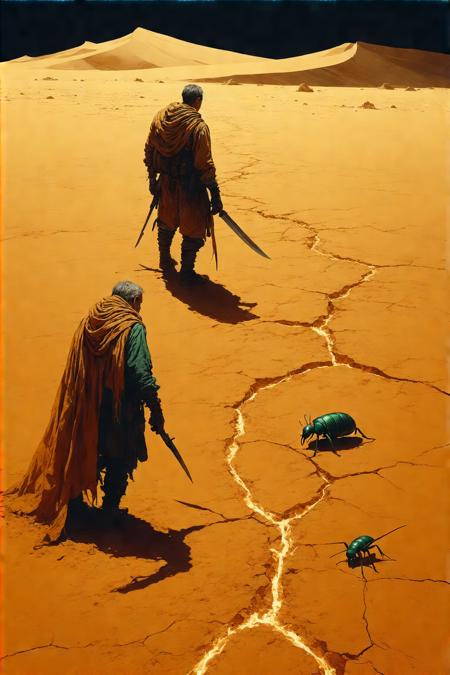 Low-angle perspective across cracked desert earth: a weathered tracker traces faint claw marks, sun-faded scarf flaring against ochre dunes. Behind, a jade-leathered ranger leans intently, hand on bone-handled knife, their elongated shadows cast by raking amber twilight. Hyper-detailed digital painting fusing Karla Ortiz's layered realism with Jean-Baptiste Monge's earthy textures: sun-bleached leather grain, wind-etched sandstone, gossamer dust motes catching molten light. Sweltering stillness amplifies forensic tension; a lone scarab skitters near tracks, distant storm clouds bruise the horizon, humming with electric potential beneath the tableau.