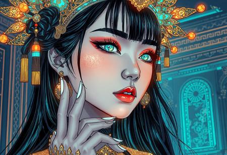 A highly detailed, intricate line-art illustration in the style of olivia berardinis. Detailed hyper realism in the visible body parts (face, hands, legs).
3D rendering, face close-up, CG high model, Elegant [goth ] with bioluminescent glowing makeup and a holographic asian headdress, in a [teal and gold] cyberpunk aesthetic, dark fantasy, anime-style, illuminated by soft lighting
, acrylic painting in style Adam Hughes.
The composition features mesmerizing line work, fine architectural detailing in the background, and a play of light and shadow through intricate hatching. The overall aesthetic is serene, introspective, and dreamlike, blending realism with a highly structured, almost meditative pattern-based design.