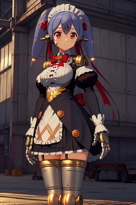 <lora:hanajkV1:0.8>,hanajkmaid,1girl,robot joints,robot,robot spikes ears,blue high twintails,long hair,purple hair,blue hair,whihte maid headdress,red long hair ribbon,orange eyes,game3d style||red bowtie,large breasts,long juliet sleeves,white maid apron black short dress,white thighhighs with gold trim,oragnge garter straps,factory background,, Exquisite visuals, high-definition,masterpiece,best quality,