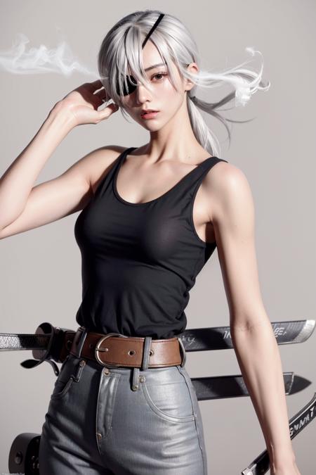 masterpiece, best quality,chinese,quanxi (chainsaw man),1girl, cigarette, weapon, sword, solo, smoking, black tank top, eyepatch, belt, tank top, holding, holding cigarette, smoke, breasts, pants, white hair, black pants, long hair, ponytail, holding weapon, simple background, grey background, katana