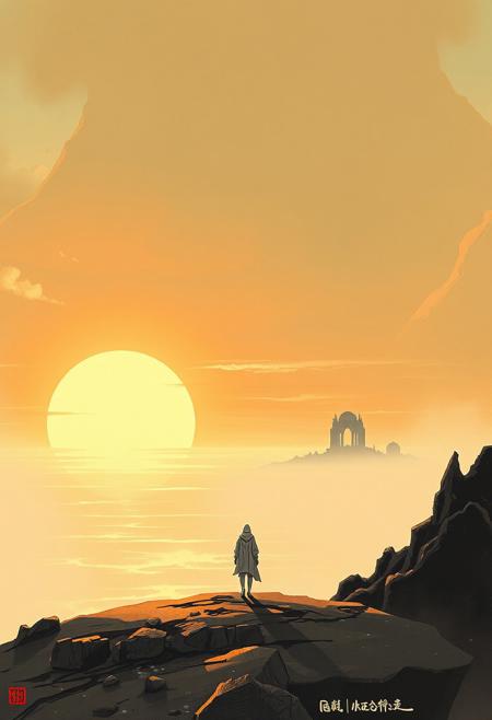 A vast glowing seascape at sunset, where a porcelain-skinned figure in muted pastel clothing stands alone, their soft, hyperreal presence slightly unnatural in contrast to the breathtaking landscape.
futuristic sci-fi ink painting, bold calligraphic brushstrokes with geometric structures, cinematic atmospheric landscapes, dynamic flowing movement, expressive monochromatic contrasts, vast futuristic cityscape with organic brush textures, traditional ink realism blending with digital abstraction