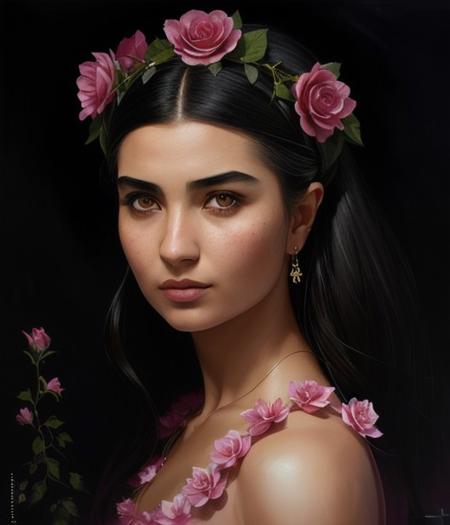 (zxzxtuba) with flowers in her hair and a wreath of pink roses on her head, standing in front of a dark background, painted by artgerm and tom bagshaw, fantasy art, dramatic lighting, highly detailed oil painting<lora:tuba2bat20ecos-000009:1.0>