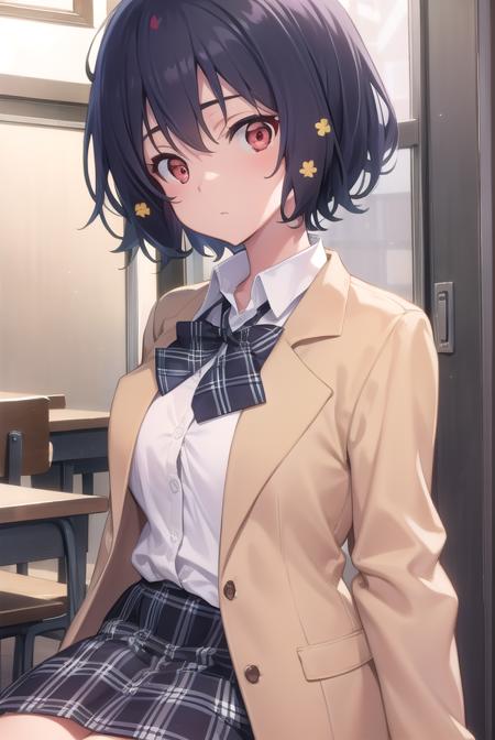 aimizuno, <lora:aimizuno-lora-nochekaiser:1>,
ai mizuno, black hair, hair between eyes, (red eyes:1.5), short hair,
BREAK black jacket, black legwear, black neckwear, black skirt, blazer, brown footwear, collared shirt, flower, hair flower, hair ornament, jacket, loafers, long sleeves, miniskirt, open clothes, open jacket, plaid, plaid neckwear, plaid skirt, pleated skirt, school uniform, shirt, shoes, skirt, sweater, white shirt, wing collar, yellow flower, yellow sweater
BREAK looking at viewer, full body,
BREAK indoors, classroom,
BREAK <lyco:GoodHands-beta2:1>, (masterpiece:1.2), best quality, high resolution, unity 8k wallpaper, (illustration:0.8), (beautiful detailed eyes:1.6), extremely detailed face, perfect lighting, extremely detailed CG, (perfect hands, perfect anatomy),