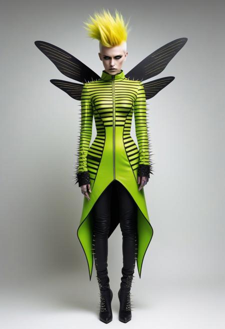 The image is a photograph of a person dressed in an elaborate, fantastical costume. The individual is standing against a plain, light gray background, which contrasts sharply with the vibrant colors and textures of the costume. The person is dressed in a full-body costume made of long, flowing, platinum blonde hair, which covers their entire body, including their face, hands, and feet. The hair appears to be made of a synthetic material, giving it a slightly stiff, yet fluffy texture.
The image is a high-resolution photograph featuring a striking, avant-garde portrait of a person with a unique hairstyle. The subject's hair is styled in a punk-inspired fashion, with multiple small, voluminous, and spiky sections dyed a vibrant, neon green color. These spikes are arranged in a chaotic, asymmetrical pattern around the head, giving the appearance of a punk mohawk. The hair is styled with precision, showcasing intricate detailing and texture.
The image is a high-fashion photograph featuring a striking, avant-garde look. The subject is a person with a striking, bold haircut styled in a bold, bright yellow hair color with black stripes, reminiscent of a bee or wasp pattern. The hair is styled in a blunt, straight cut with bangs that cover the forehead, creating a dramatic, almost insect-like appearance.
