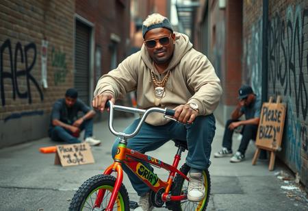 “Create a highly detailed, realistic photographic image captured with an aspherical Panavision 105mm lens effect. The scene features a big, heavyset rapper with a bold hip-hop style, inspired by Snoop Dogg and 50 Cent, riding a small, colorful young boy’s bicycle. The rapper has short, platinum blonde hair, adding a unique edge to his look. He wears large gold chains with diamond accents, oversized sunglasses, and a fitted cap turned slightly to the side. His outfit includes a baggy hoodie, jeans, and classic sneakers, with visible tattoos on his forearms. His expression is cool and confident, capturing classic hip-hop swagger. Nearby, a man sits on the sidewalk, casually smoking crack, adding to the gritty atmosphere of the scene. A cardboard sign on the wall reads, ‘Please BUZZ me 4 dope,’ enhancing the urban vibe. In the background, set in the Bronx, is a gritty urban environment with graffiti-covered walls and a hint of street activity, including someone discreetly smuggling a small, suspicious package. The scene combines realism with a dramatic urban vibe, highlighting hip-hop culture and the street’s raw atmosphere.”