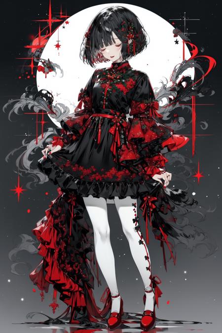 <lora:C_dark:1>, 1girl, solo, dress, short hair, full body, white hair, bangs, red nails, white dress, pantyhose, smile, bow, blunt bangs, open mouth, red footwear, puffy sleeves, white pantyhose, white background, standing, standing on one leg, red bow, christmas, skirt hold, nail polish, flower, looking at viewer, hair ornament, bob cut, closed eyes, merry christmas