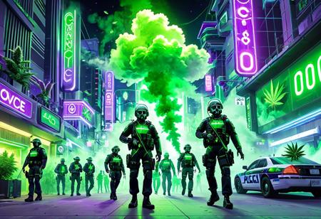 masterpiece, high quality, 420futurism, <lora:420FuturismXL:0.8>, futuristic police patrol ignoring floating cannabis cloud, cyberpunk city street, robotic police officers, marijuana-themed green smoke cloud, humorous sci-fi scene, flying person made of smoke, neon green and purple lighting, cannabis symbolism in the air, night scene, no visible faces, glowing environment