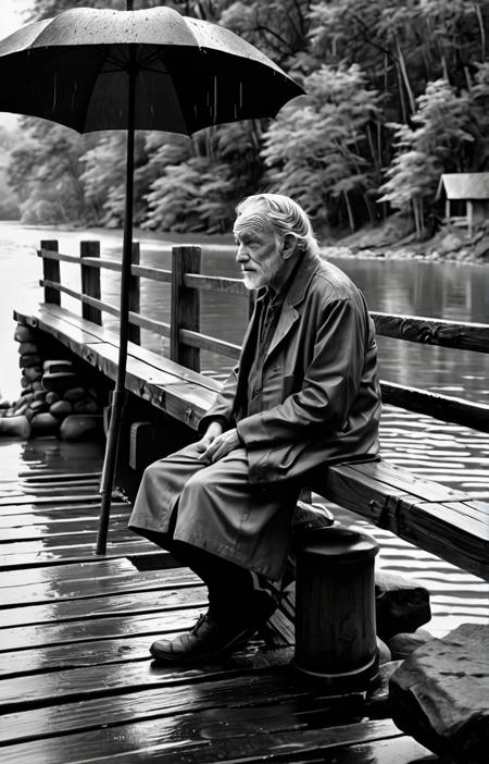 vinyl painting and charcoal drawing of an old man sitting in bank,river with wooden bridge,raining day,black and white shot,dramatical scene,ultra realistic,photo realistic,hyper detailed,SHARP focus,HDR,4K,8K