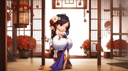 Hand drawn, Q-version, cute, blind box, 1 girl standing, full body, flowers, hair accessories, white hair, long hair, spinning dance, hair flowers, barefoot, cage, red eyes, white Japanese clothing, long skirt, High definition, exquisite, indoor, Chinese style windows, tables, scrolls, exquisite, high-definition, aurora image quality