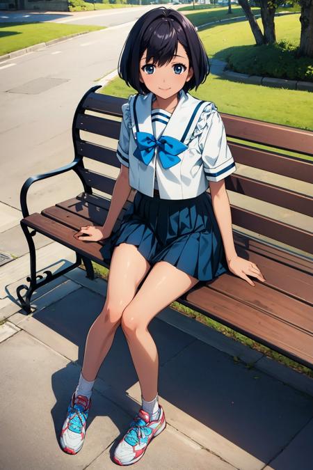 masterpiece, best quality, daitoku junna, serafuku, blue bow, pleated skirt, socks, sneakers, sitting, bench, park, looking at viewer, smile <lora:junna-nvwls-v2-000010:0.8>