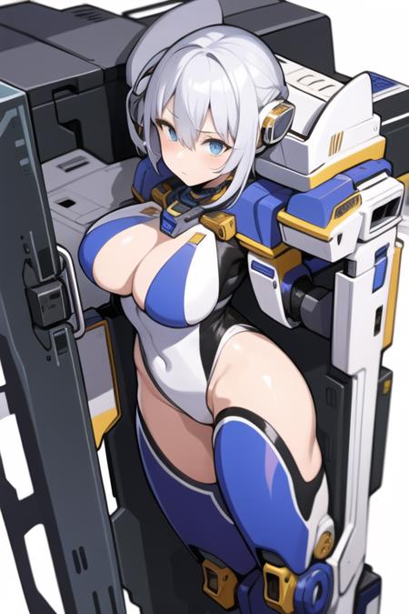 in the style of <lora:mcg-000008:1>.1girl, solo, robot, breasts, mecha, large breasts, mecha musume, white background, blue leotard, leotard, science fiction, full body