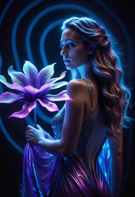 art photography, photorealistic, woman with long flowing hair, giant flower with bioluminescent circuitry patterns in back, glowing blue and purple, high contrast, sharp focus, dramatic composition, cinematic lighting, ethereal, glowing, beautiful woman, futuristic Grecian dress with glowing circuitry, soft lighting, shallow depth of field, off-center composition,  detailed, intricate, cyberpunk, neon lighting, cool blues and purples, warm skin tones,  harmonious future, technological enhancements, natural beauty