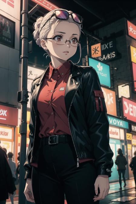 masterpiece, best quality, (colorful), azmaria hendric, 1girl, mature female, cyberpunk, hair slicked back, black jacket, street, night city, tokyo, eyewear on head, large breasts, open jacket, red shirt, black pants, spiked belt, car, neon lights, neon trim