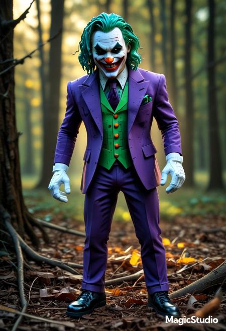 meadow, autumn, leaves, heavy shadows,
Joker \(dc\), made of LEGO, LEGO, looking to the side, colored clothes, purple suit, green hair, (((smiling))), (teeth), angry, crazy, knee shot, standing, sway back, w arms, detailed hands, white gloves, (glitch style shadows),
masterpiece,  amazing quality, very aesthetic, hdr , graphic novel, light particles, very detailed, 8k, ambient occlusion, blurry foreground, branches in foreground, depth of field,  high resolution, chiaroscuro, lens flare, (high angle), dutch angle,flat color,no lineart,fixl-art