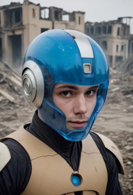 Portrait Photo of a ((((blue gelatine :1.7))megaman:1.4)), who is standing looking at how his city has been destroyed by a nuclear bomb. He has just arrived at the disaster and observes the horror of the destruction, ruined buildings full of smoke and flames, ground full of rubble with skeletons lying around In the dawn light floods the scene, the man is completely dressed in normal clothes and wet, he is dirty, everything is a disaster, the sky is cloudy and it is raining,(beautiful face:1.6), Fujifilm XT3,film still,film grain,cinematic,soldier accessories,war style, professional photo,best quality and best aesthetic,Award-winning artistic photos,Outdoors,public places,( detailed in background:1.6)Perfil,18-20 (dirty:1.8)