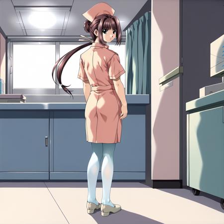 RenNanase,1girl,brown_hair,low_ponytail,aqua_eyes, nurse_cap,nurse, white pantyhose nurse_cap, gray apron,pink dress, hair ornament,print_kimono,obi, one-piece swimsuit,multi -colored swimsuit, print_red_cheongsam, nurse_cap, naked,bra,panties,   thighhighs,