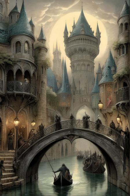 , <lora:Gustave Dore Style:1> Gustave Doré Style ,, a grand capital city nestled in the heart of a magical realm inspired by Dungeons and Dragons. The city stands as a testament to both architectural splendor and mystical enchantments. The streets are bustling with life, filled with a diverse array of creatures, both human and fantastical, going about their daily routines. The buildings showcase a harmonious blend of traditional medieval design and whimsical magical enhancements. Ornate bridges span over flowing rivers and canals, connecting various districts of the city. Gardens and parks are interspersed throughout, teeming with vibrant, otherworldly flora and fauna. In the central square, a magnificent fountain serves as a gathering place, its waters sparkling with magical energies.