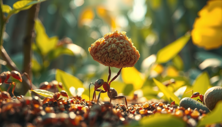 cinematic photo A tiny ant, barely visible among lush greenery in a jungle setting, carries a heavy load with determination. Its small yet sturdy body, equipped with tiny tools, shows it as an unlikely hero. The scene highlights its heroic act of saving the world by lifting what seems like a mountain of grains or seeds, while the rest of the ants watch in amazement. A bright golden light shines through the trees and overflows from the ant's paws, emphasizing its powerful effort and the magical moment it captures, making it clear that even the smallest can make a big difference., 35mm photograph, film, professional, 4k, highly detailed