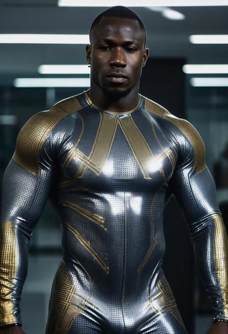 a strong 28-year-old senegalese bodybuilder  male, with short hair, glazed face, mindless expression, wearing a skin tight dark-gray latex bodysuit with silver and gold electronics circuits patterns, standing at attention posture, inside a office, looking to the camera, Cinematic, Photoshoot, Shot on 25mm lens, Depth of Field, Tilt Blur, Shutter Speed 1/1000, F/22, White Balance, 32k, Super-Resolution, Pro Photo RGB, Half rear Lighting, Backlight, Dramatic Lighting, Incandescent, Soft Lighting, Volumetric, Conte-Jour, Global Illumination, Screen Space Global Illumination, Scattering, Shadows, Rough, Shimmering, Lumen Reflections, Screen Space Reflections, Diffraction Grading, Chromatic Aberration, GB Displacement, Scan Lines, Ambient Occlusion, Anti-Aliasing, FKAA, TXAA, RTX, SSAO, OpenGL-Shader s, Post Processing, Post-Production, Cell Shading, Tone Mapping, CGI, VFX, SFX, insanely detailed and intricate, hyper maximalist, elegant, dynamic pose, photography, volumetric, ultra-detailed, intricate details, super detailed, ambient